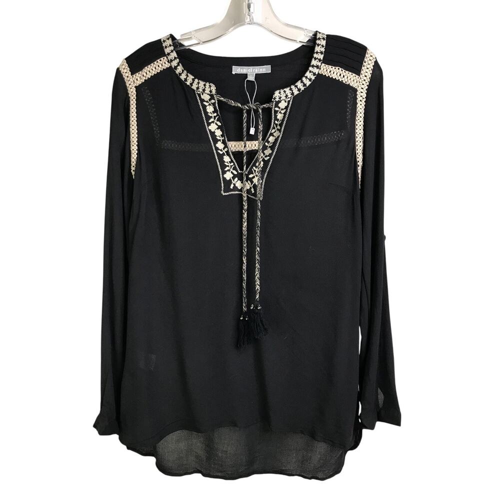 Daniel Rainn Top Sz Small Black Boho Trim Collared Tassel Front NWT‎